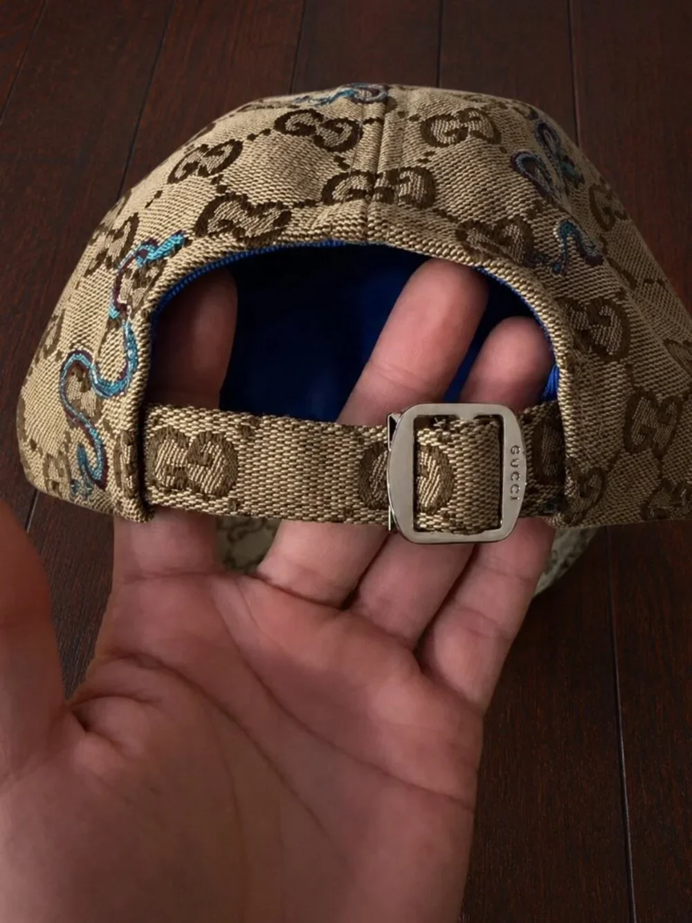 Gucci Blue Snake Print Canvas Baseball Cap